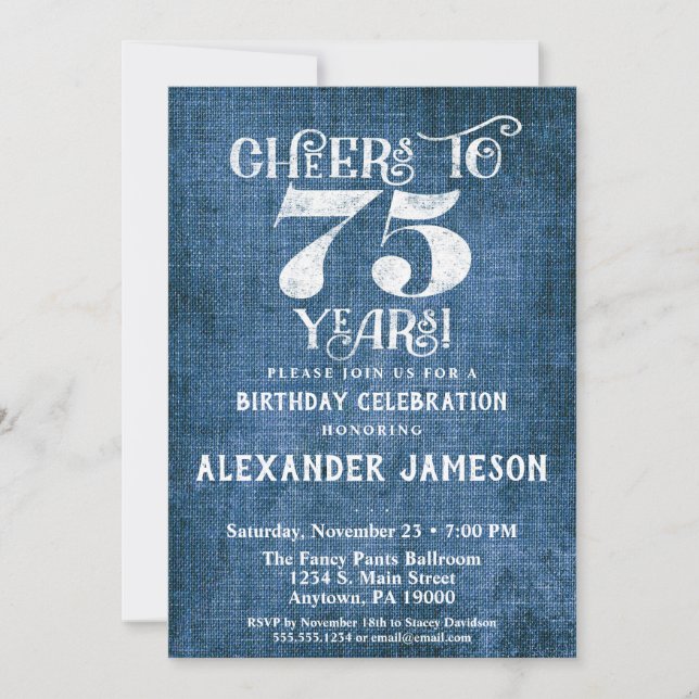 75th Birthday Invitation Blue Linen Rustic Cheers (Front)