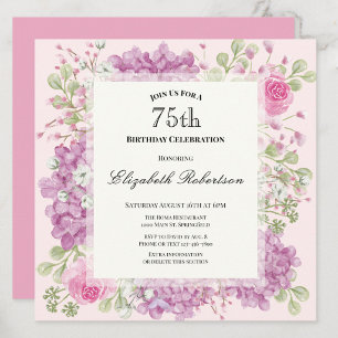 75th Birthday Invitation Elegant Pink Flowers