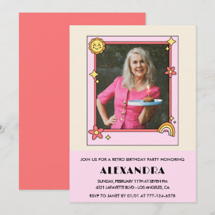 75th birthday invitation Retro Groovy Pink Floral