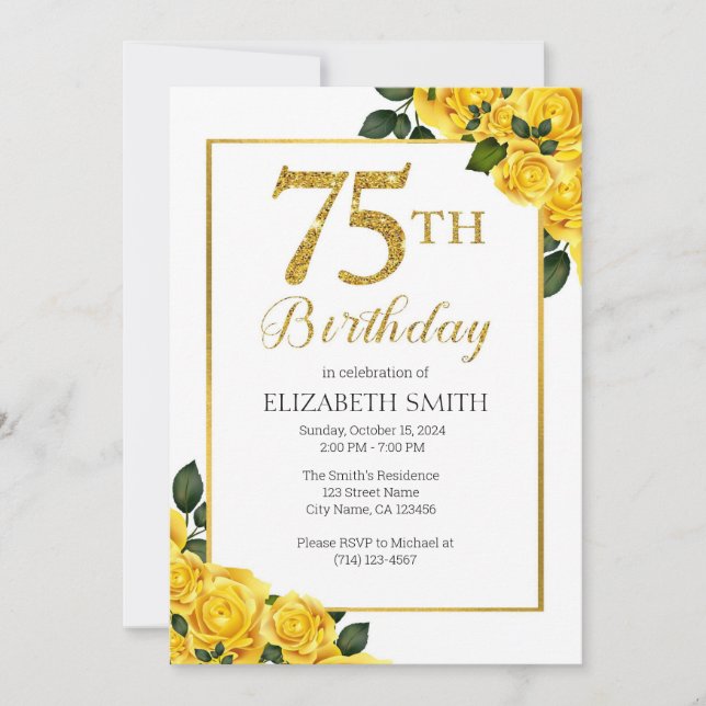  75th Birthday Invitation Template Yellow Roses (Front)