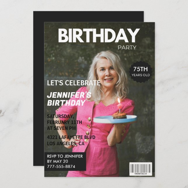 75th birthday invitations for her Magazine Cover (Front/Back)