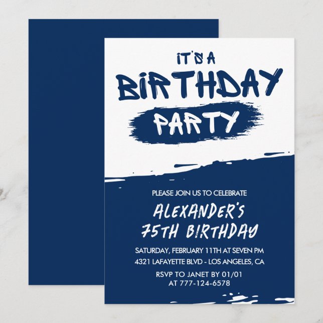 75th birthday invitations Men Graffiti Navy Blue (Front/Back)