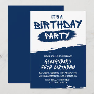 75th birthday invitations Men Graffiti Navy Blue