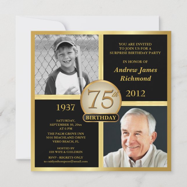 75th Birthday Invitations Then & Now Photos (Front)