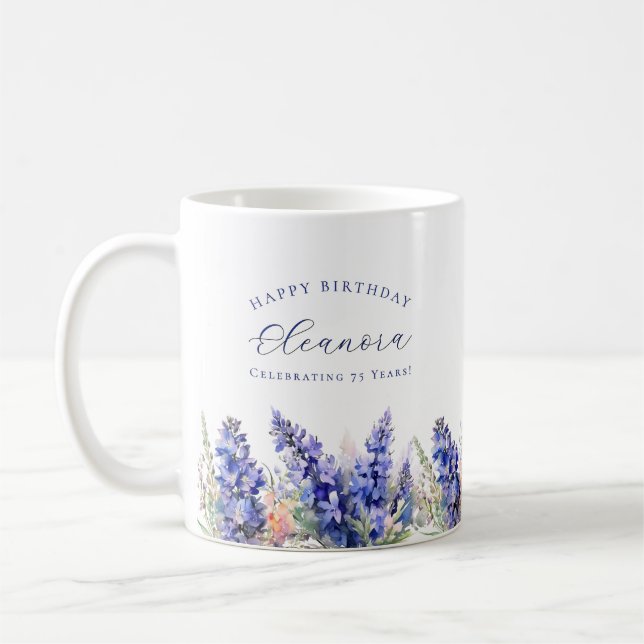 75th Birthday July Birth Flower Gift Custom Coffee Mug (Left)