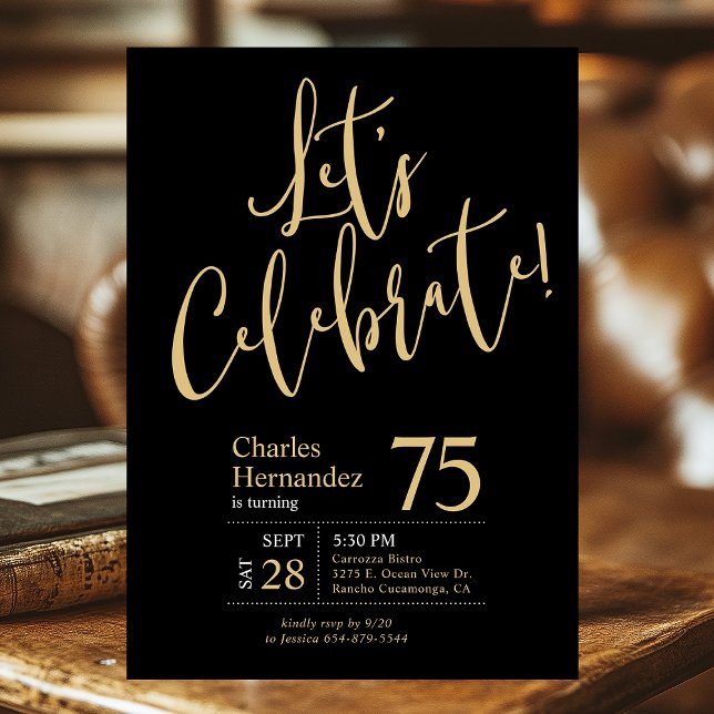 75th Birthday Let's Celebrate Black Gold Invitation (Creator Uploaded)