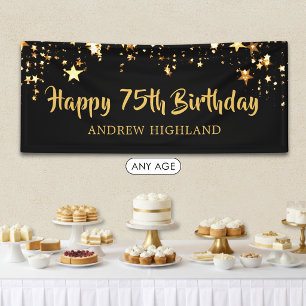 75th Birthday Modern Black Gold Stars Personalised Banner
