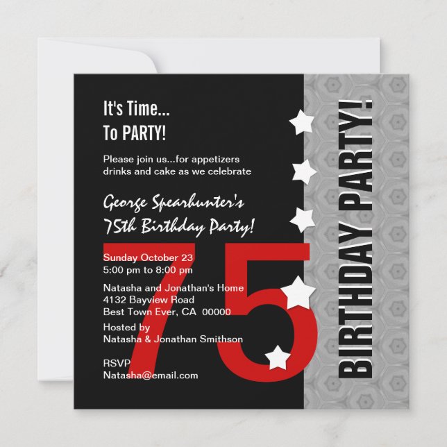 75th Birthday Modern Red Silver Black Funny D845E1 Invitation (Front)