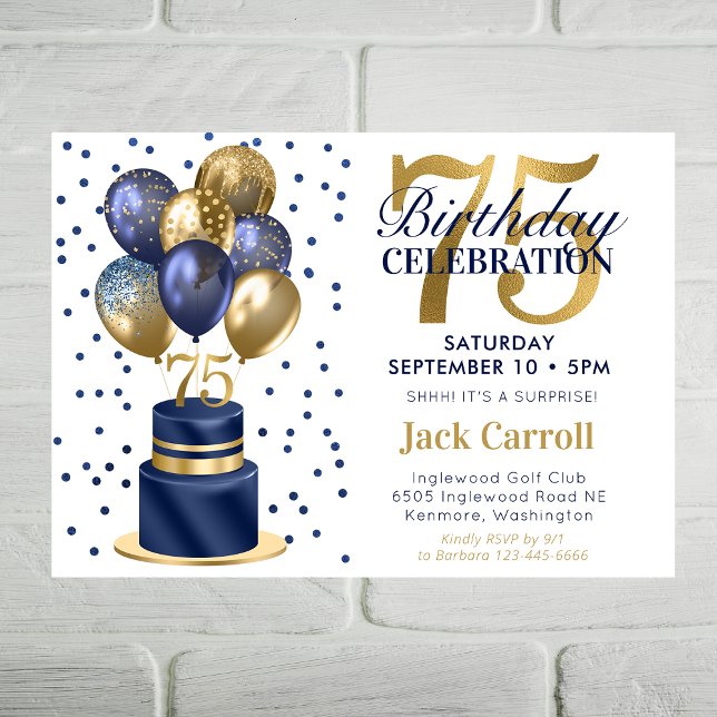 75th Birthday Navy Blue Balloon Cake Invitation (Creator Uploaded)