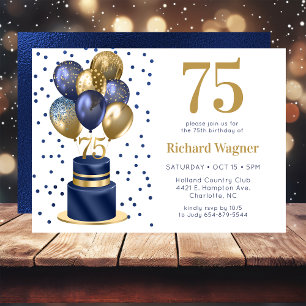 75th Birthday Navy Blue Balloon Cake Invitation