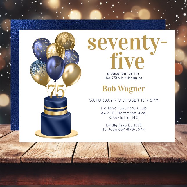 75th Birthday Navy Blue Balloon Cake Invitation (Creator Uploaded)