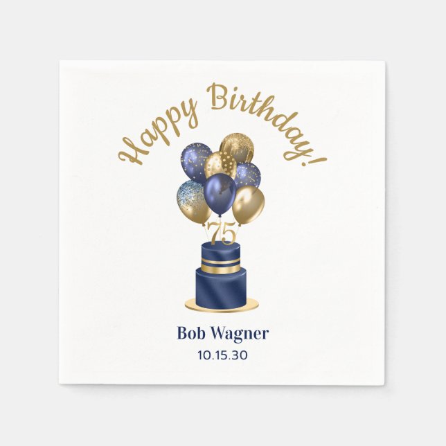 75th Birthday Navy Blue Balloon Cake Napkin (Front)