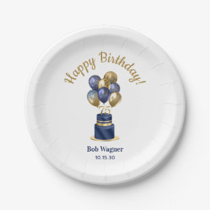 75th Birthday Navy Blue Balloon Cake Paper Plate