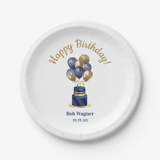 75th Birthday Navy Blue Balloon Cake Paper Plate (Front)