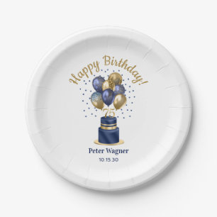 75th Birthday Navy Blue Balloon Cake Paper Plate
