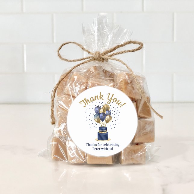 75th Birthday Navy Blue Balloon Cake Thank You Classic Round Sticker (Creator Uploaded)