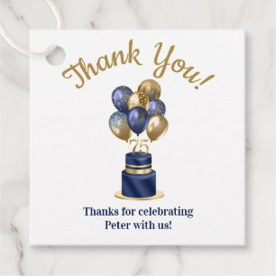 75th Birthday Navy Blue Balloon Cake Thank You Favour Tags