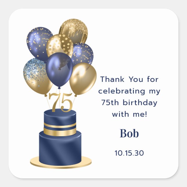 75th Birthday Navy Blue Balloon Cake Thank You Square Sticker (Front)