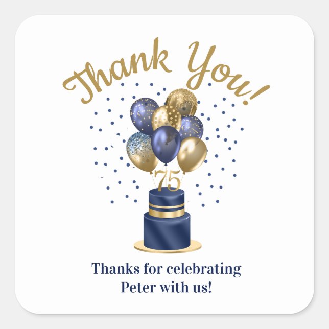 75th Birthday Navy Blue Balloon Cake Thank You Square Sticker (Front)