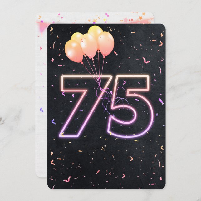 75th Birthday Neon Sign On Black Invitation (Front/Back)
