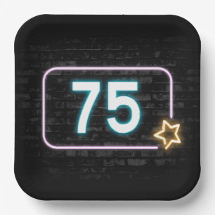75th Birthday Neon Sign On Brick Paper Plate