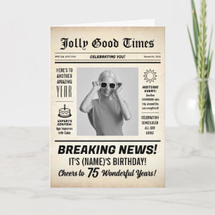 75th Birthday Newspaper, Add Photo, Personalised Card