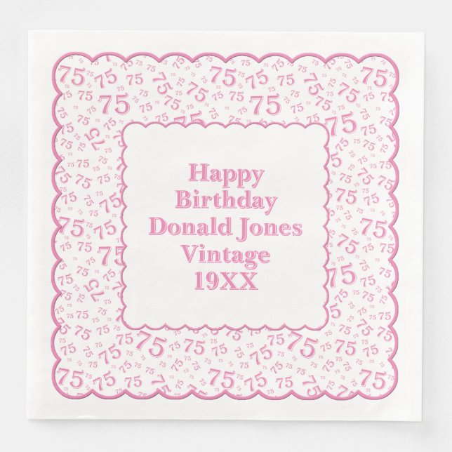 75th Birthday Number Pattern Scallops Pink/White Napkin (Front)