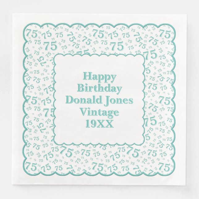 75th Birthday Number Pattern Scallops Teal/White Napkin (Front)
