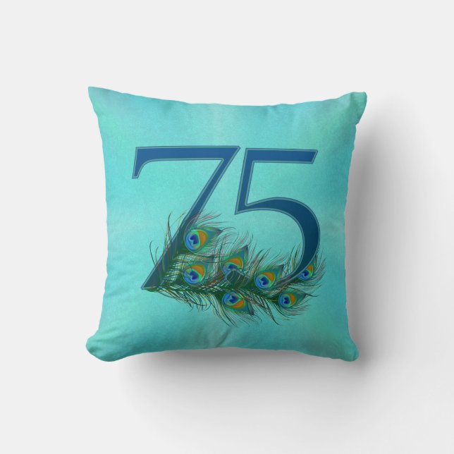 75th Birthday Or Anniversary Peacock Feather Cushion (Front)