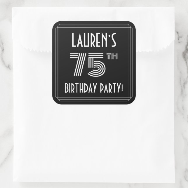 75th Birthday Party: Art Deco Style & Custom Name Square Sticker (Bag)