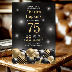 75th Birthday Party Black Gold Balloons Invitation