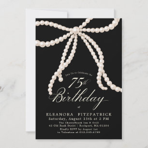 75th Birthday Party Black White Coquette Pearl Bow Invitation