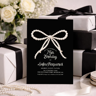 75th Birthday Party Black White Pearl Bow Invitation