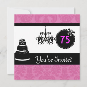 75th Birthday Party Black & White & Pink Damask In Invitation