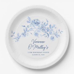 75th Birthday Party Blue Rose Floral Custom Paper Plate