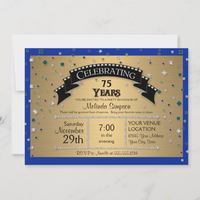 75th Birthday Party Celebrate Faux Jewel Confetti Invitation (Front)