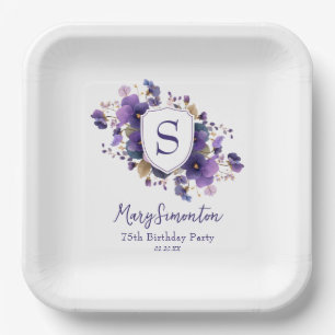 75th Birthday Party Classic Monogram Crest Paper Plate