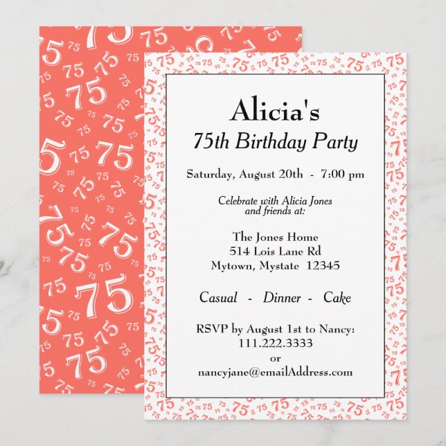 75th Birthday Party Coral/White Number Pattern Invitation (Front/Back)