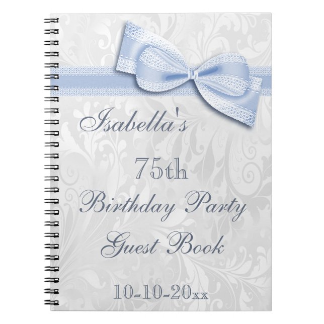 75th Birthday Party Damask and Bow Spiral Notebook (Front)