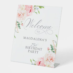 75th Birthday Party Elegant Pink Floral Welcome Pedestal Sign