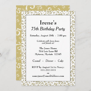 75th Birthday Party Gold and White Number Pattern Invitation