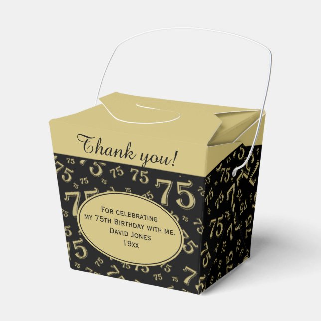 75th Birthday Party Gold/Black Number pattern Favour Box (Front Side)