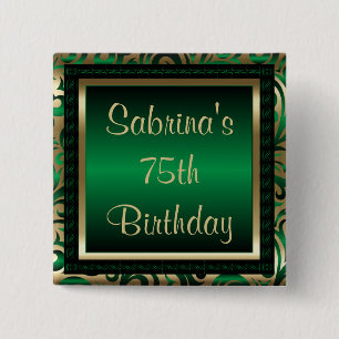 75th Birthday Party   Green Metallic & Gold 15 Cm Square Badge