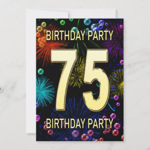 75th Birthday Party Invitation Fireworks Bubbles