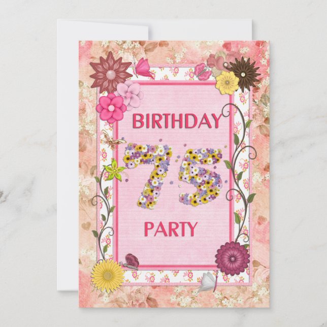 75th birthday party invitation with floral frame (Front)
