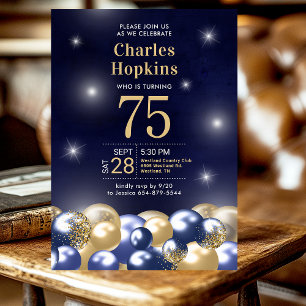 75th Birthday Party Navy Blue Gold Balloons Photo Invitation