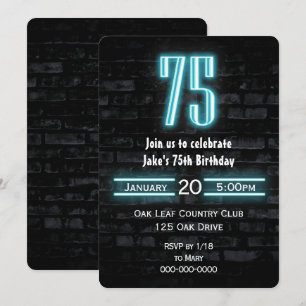 75th Birthday Party Neon Sign on Brick Invitation