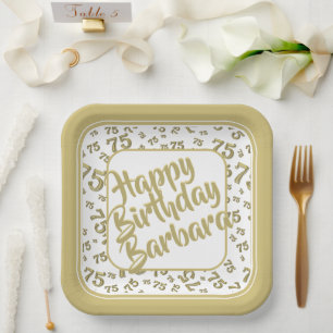 75th Birthday Party Number Pattern Gold/White Paper Plate