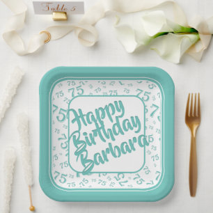 75th Birthday Party Number Pattern Teal White Paper Plate