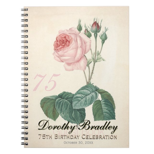75th Birthday Party Old Rose Custom Guest Book (Front)